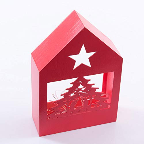 DiKasa Casetta Decorativa Rossa in Legno Intagliato con Albero di Natale e Luci LED – Dimensioni 18x6x27 cm