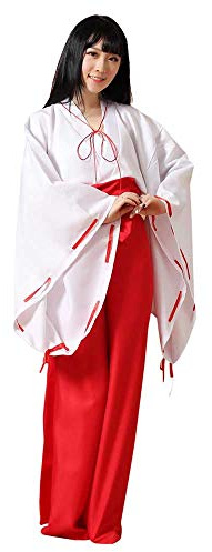 StarDY Costume da strega Kikyo Miko, kimono da donna, per cosplay, kimono bianco e rosso, con pantaloni Hakama, costume di Halloween (XL, bianco/rosso)