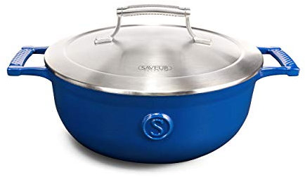 SAVEUR SELECTS 25cm / 3.5QT Enamel Cast Iron Saucier with Stainless Steel Double-Walled Lid | Non Stick, Heirloom Quality Oven Safe 3.3L PFOA & PFAS-Free Cooking Pot Dutch Oven - Voyage - Classic Blue