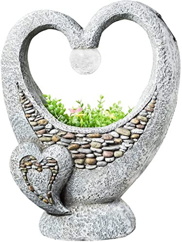 RA-HOMESTORE® New Charming Resin Solar Heart Sculpture Planter with Automatic On/Off and Color Changing Illuminated Crackle Ball Stone Effect (46cm)