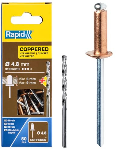 RAPID - Rivets Pop en Aluminium Ø4.8 x 12 mm, Revêtement Cuivré, Rivets Aveugles pour Gouttières / Tuyaux / Tôle - Foret Inclus - 50 Pièces, Emballage Carton (5001467)