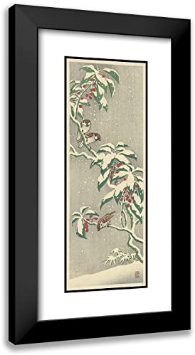 ArtDirect Ohara Koson 11x24 Black Modern Frame and Double Matted Museum Art Print Titled - Sparrows on Snowy Currant Bush (1900-1945)