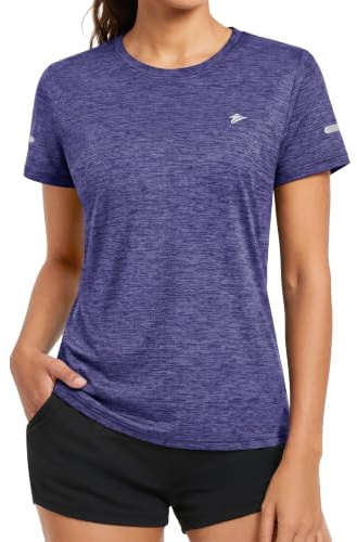 KEFITEVD Melange - Maglietta sportiva da donna, a maniche corte, con strisce riflettenti, traspirante, elasticizzata, scollo rotondo, leggera, ad asciugatura rapida, vestibilità regolare