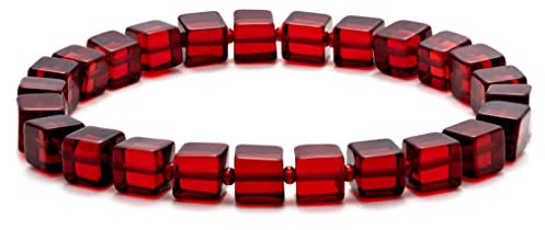Amber by Mazukna Natural Red Baltic Amber Bracelet for Women and Men – Stretch Wristband with Polished Cube Beads, Lightweight Unisex Jewelry Gift for Daily and Casual Wear (Red)