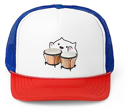 Lustige Bongo-Katze, süßes Musikinstrument, Kätzchen, Meme, Cartoon, Trucker-Kappen, blau / rot, Einheitsgröße