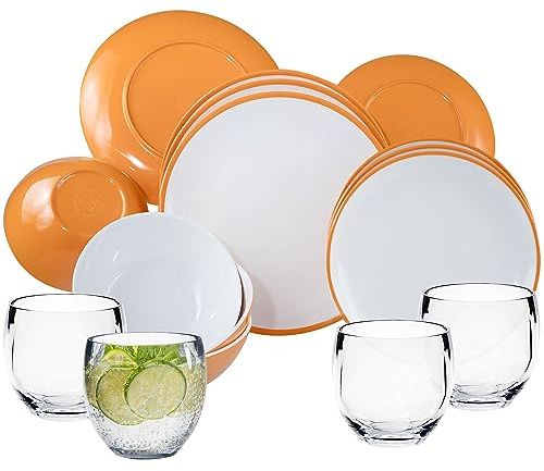 Melamin Geschirr und Acryl Glas Set für 4 Personen - 16 Teile - Campinggeschirr - gelb weiß - mit Trinkglas 400 ml klar Gläsern - Essgeschirr