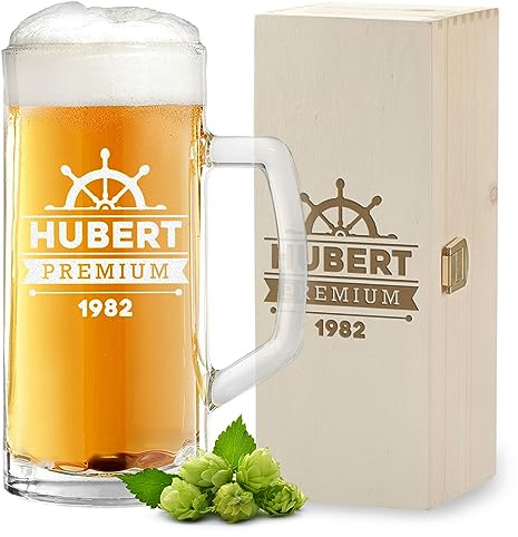 polar-effekt Bierset Bierkrug 0,5 L und Holzkiste mit Gravur - Geschenke für Männer - zum Geburtstag und Jubiläum - Bierglas mit Namen für Papa und Opa - Bierseidel mit Füllstrich
