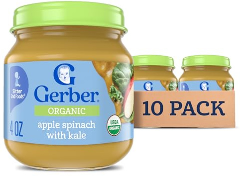 Gerber Stage 2 Baby Food, Organic Apple Spinach with Kale Jar, Fruit & Veggie Puree, Vitamin C, Non-GMO, Baby Food Puree Jars Glass, 10-pack