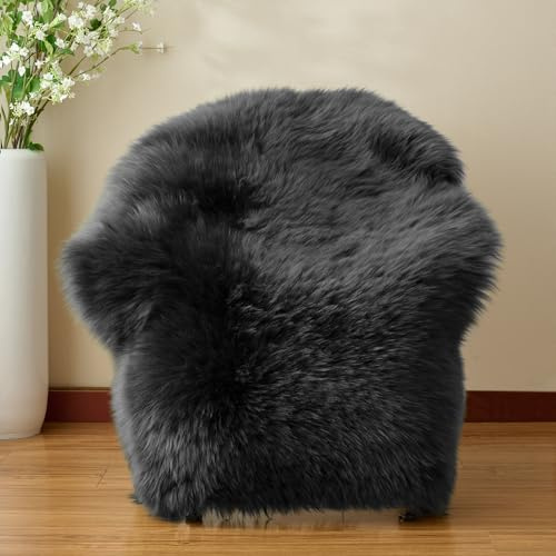 GINAMUSE Premium Genuine Sheepskin Area Rug for Bedroom,Real Fluffy Soft Wool Fur Carpet Natural Luxury Lambskin Rug Seat Chair Covers for Couch Sofa Living Room(Dark Grey,2×3 Feet Sheepskin)