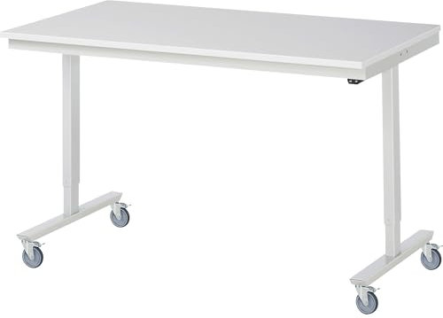 Elektrisch höhenverstellbarer Arbeitstisch, fahrbar, Melaminplatte, Plattenbreite 1500 mm.