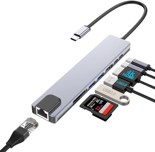 Adaptateur USB C 8-en-1 Pour Ordinateurs Portables Dell Avec HDMI 4K, 100W PD, Port USB 3.0, Ethernet RJ45, Lecteur De Cartes SD/TF - Compatible MacBook Pro/Air Type-C Docking Station