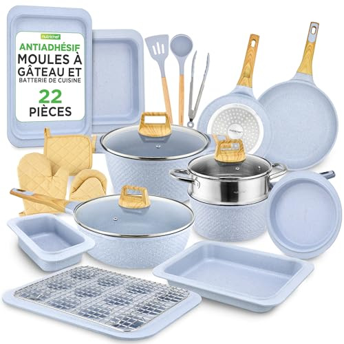 NutriChef Set 22 Pezzi Pentole, Padelle e Teglie da Forno in Marmo Antiaderente con Utensili Resistenti al Calore per Cucina Professionale