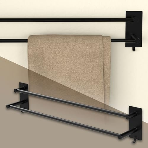 ML-Design Handtuchhalter ohne Bohren 59 cm mit 2 Handtuchstangen, 2 Haken, Schwarz, Stahl, Wandmontage, Badetuchhalter Doppelt zum kleben für Bad&Küche, Modern Wandhalter selbstklebend für Handtücher