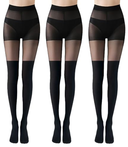 UILYNIU 3 pares de medias negras hasta el muslo, medias con tirantes falsos, medias cómodas para mujer con diseño de ajuste elástico, medias para mujer para todas las ocasiones (negro)