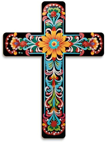 Putuo Decor Floral Cross Wall Decor Hand Painted Decorative Wooden Inspirational Cross Spanish Style Wall Cross Decor Mexican Art Wall Decor Crucifix for Home Room Church Decoration
