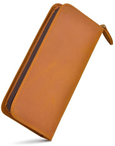 Crazy Horse Leder-Füllfederhalter-Etui, braunes Leder, 3 geteilte Fächer, Federmäppchen mit Reißverschluss, handgefertigter Displayhalter für Tintenroller