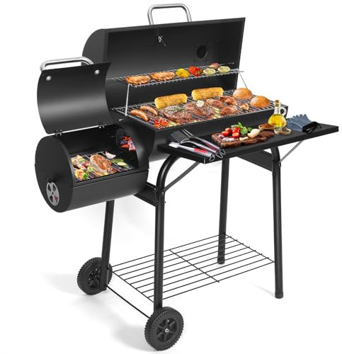 Charcoal BBQ Grill With Offset Smoker: Large Oil Drum Barbecue Barrel Grill For Outdoor Garden