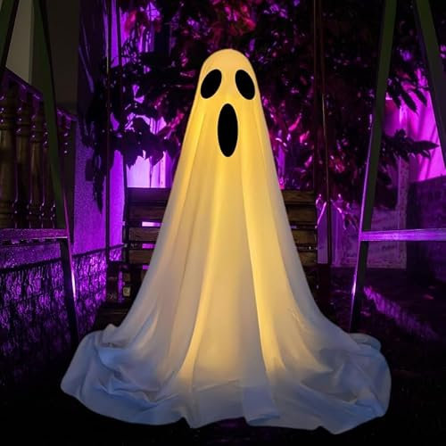 61 Zoll Halloween Deko Outdoor, Gruselige Geister-Halloween-Dekoration mit Lichterketten, Leicht Zusammenzubauende Geister-Dekoration für die Veranda im Garten (E)