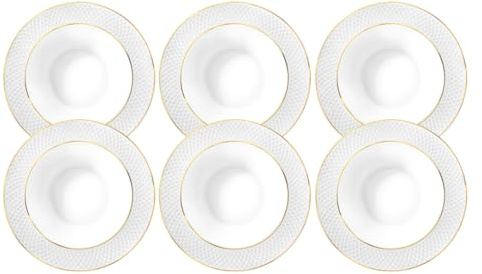 Wilmax - Tiefer Teller mit Goldmuster - 6 Stück - Ø 22,5cm - Weißer Suppenteller aus Porzellan - 450ml Speiseteller - Spülmaschinenfest - Frühstücksteller - Kuchenteller