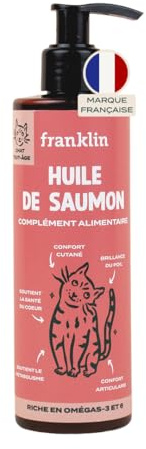 FRANKLIN – Huile de Saumon pour Chat – Complément Alimentaire – Riche en Oméga 3 et 6 – Soins Peau, Pelage et Articulations – 100% Naturelle – 250 ML