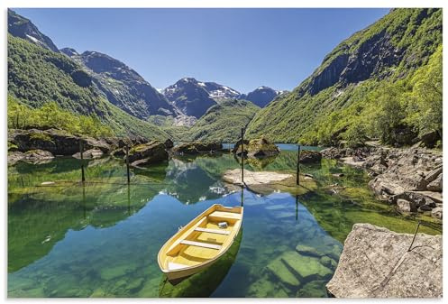 ARTland Wanddeko Wandbild Alu Verbundplatte für Innen & Outdoor Bild 120x80 cm Maritime Deko Outdoor Berge See Idyll Boot Bondhusvatnet Norwegen U5HG
