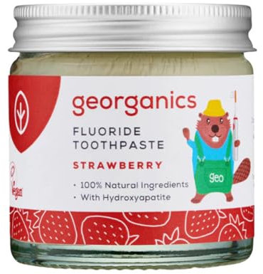 Georganics Dentifrice au fluorure pour enfants avec hydroxyapatite – 50 ml – Saveur fraise – Dentifrice naturel non moussant – Réminéralisant la lutte contre les caries – Certifié Cosmos Naturel