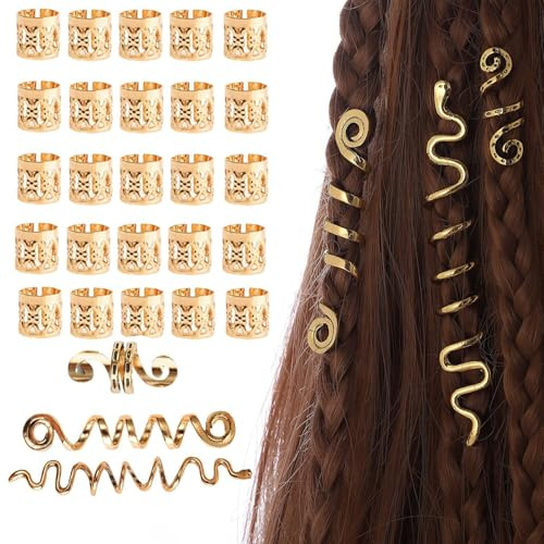 Esshogo 28 Stück Braids Schmuck, Spiral Haarspange Braids Schmuck, Piraten-Damen-Zöpfe, Dekorative Accessoires, Gold Haarschmuck, Piratenkostüm Damen Accessoires, Dreadlocks Schmuck,Haarspiralen Clips