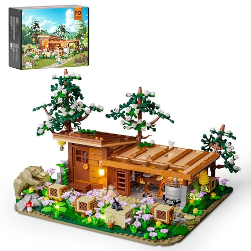 FUNWHOLE Bienenhof Beleuchtetes Baustein Set – Bauernhaus Bienenhütte Honigwerkstatt LED Licht Bausatz 1274 Teile für Erwachsene und Jugendliche