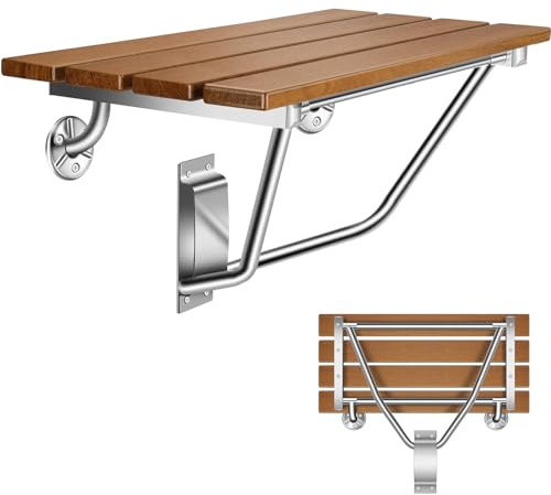 28 Wall Mounted Folding Shower Seat with Stainless Steel Bracket, Structural Stability, 500 lb Capacity, Space-Saving, Teak Shower Bench for Elderly, Disabled, Pregnant Women, Kids