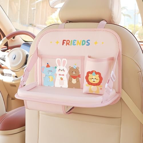 Erlsig Car Seat Organiser with Foldable Table Tray PU Leather Car Back Seat Organiser For Kids Car Seat Storage with Multi Pockets, for Travel, Parents Drivers, Kids Toys Food Storage – Pink