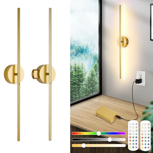 Akku Wandleuchte Innen Mit Fernbedienung ＆Touch Schalter, 8000mah Abnehmbare Batterie, USB Aufladbare LED Wandlampe Ohne Stromanschluss, dimmbare, 15 Farben, 3 Timer, Drehbar, 2 Stück, Gold, 80CM