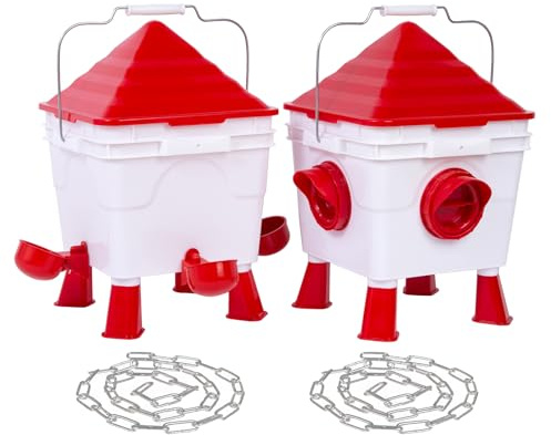 Todeco Futterautomat Hühner und Hühnertränke Set, 6 kg + 8 L | 4 Futteröffnungen, 4 Trinkschalen, mit abnehmbaren Beinen und Stahlketten, freistehend, zum Aufhängen