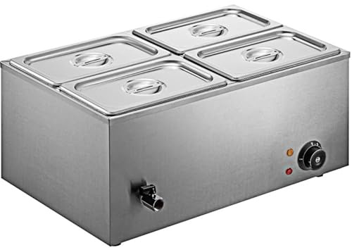 Commercial 4 Pot Bain Marie Wet Heat With 4 Pans & Lids, Electric Catering Food Warmer 0.6kW Adjustable Temp 54x34x30mm by Stalwart