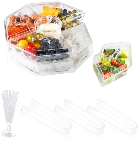 Serving Tray with Lid,Rotating Cold Serving Tray with 5 Removable Compartment,Ice Chilled Serving Platter with Lid for Fruit、Salad、Shrimp for Party,Picnic-Includes Tongs and Forks.