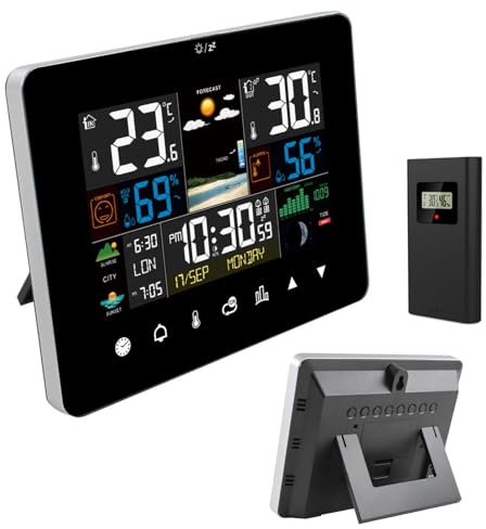 JSUDQR Weather Forecast Station Touch Button with Outdoor Sensor Monitor Temperature/Humidity/Barometric/Forecast/Moon Phase/Alarm Clock/Calendar for Home Garden Office