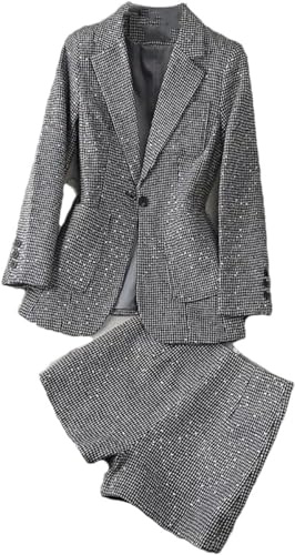 Goolecrimp Damen Pailletten Blazer und Shorts Zweiteiliges Set Frühling und Herbst Plaid Revers Elegantes Blazer Set Business Büro Hochzeitsgast Hosenanzug