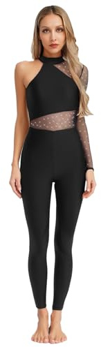 TTAO Damen Ganzkörperanzug Lang Turnanzug Gymnastik Eiskunstlauf Kostüm Mesh Patchwork Tanzbody Gymnastikanzug Sportlich Junpsuit