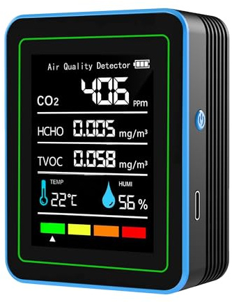 Luftkvalitetsmonitor för inomhusrum: temperatur- och fuktighetssensor med CO2, TVOC, HCHO, professionell bärbar detektor, 5-i-1-luftkvalitetsmätare för hem, kontor, skola, hotell
