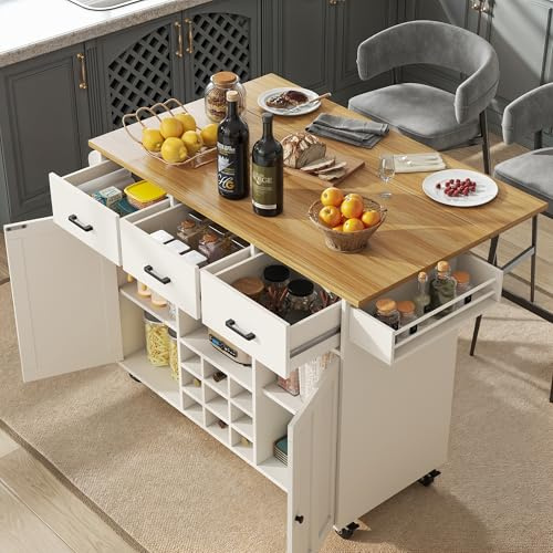 IHO SOFA | Carrello da cucina con piano di lavoro (124x40x91,5 cm), carrello da cucina con ruote, isola da cucina a pianta libera con 3 cassetti e ripiani per vini e spezie, carrello per alimenti da