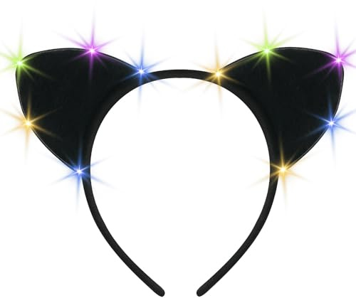 Alaoo Katzenohren Haarreif, Katzenohr Stirnbänder mit Lichtern, Schwarz | Katzen Kostüm für Halloween Haarschmuck, Kopfschmuck, Karneval, Fasching, Mottoparty