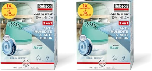 Rubson – Absorbeur d'Humidité Aero 360° Couleur Azur (1 appareil + 1 recharge de 450 g) – Absorbeur anti-humidité pour pièce jusqu'à 20 m² – Déshumidificateur d'air anti-odeur et anti-moisissure