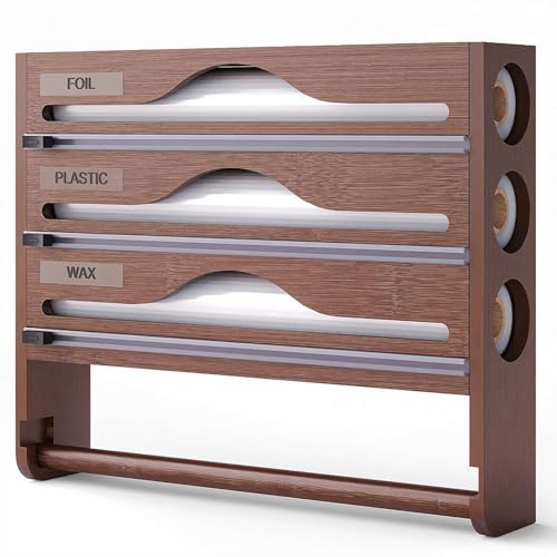 HFSAZJ 5 in 1 Foil Dispenser and Cutter, Foil Films Dispenser and Cutters, Wall-Mount Wood Foil & Cling Dispenser for Foil and Plastic (Brown 1pcs)