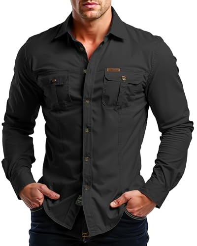 Misfuso Chemises Homme en Coton à Manches Longues Modèle Randonnée Style Cowboy Col Montant Tenue Tactique Usage Extérieur/Travail Look Safari Uni et Décontracté 2 Poches Noir XXL
