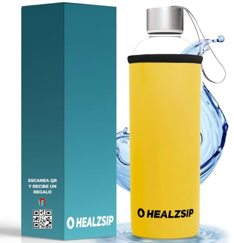 Healzsip Botella Agua Cristal 0,5 Litro + Funda Neopreno + Guía + Calculadora | Botella Vidrio Borosilicato | Reutilizable y Apta para Lavaplatos | Glass Water Bottle | Ideal para Casa y Oficina