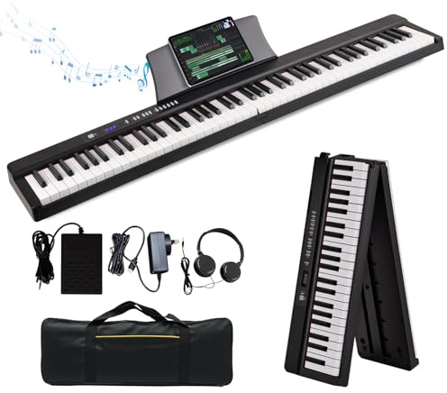 88 Key Folding Piano Keyboard, Full Size Semi-Weighted Digital Piano with Bluetooth MIDI, 128 Tones & Rhythms, 80 Demos, Dual Power Options, Portable Electric Piano for Beginners