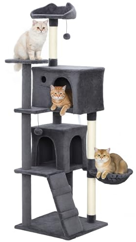 PawHut Arbre à chat de 160 cm, tour à chat multi-niveaux avec griffoirs en sisal, niches, perchoirs en peluche, hamac, échelle, balles suspendues, centre d'activités pour chatons d'intérieur, gris