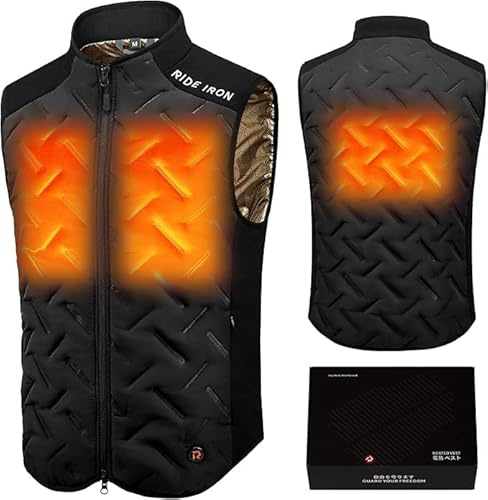 RIDEIRON Gilet Riscaldato Uomo | USB (Power Bank Escluso) | Nano-Film Carbonio | 3-Zone Calore (Petto/Schiena) | Lavabile | Moto & Outdoor (L)