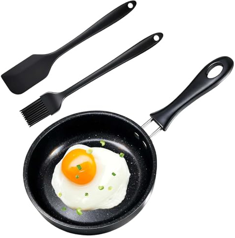 pozuauoa 3 Pcs 12cm Fried Egg Pan Set Including 1 Oil Brush and 1 Silicone Spatula, Small Frying Pan Non Stick with Heat Resistant Handle, for Making Omelets Pancakes and Daily Breakfast Dishes