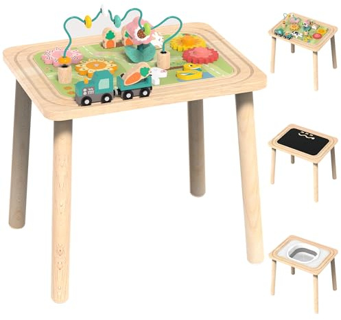 Itslife 3 in 1 Aktivitätstisch aus Holz für Kinder, Montessori Spielzeug ab 1 Jahr, Holzspielzeug Baby mit Perlen Labyrinth, Geschenke für Jungen und Mädchen zum 1. Geburtstag Weihnachten