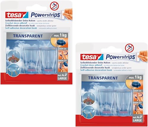 tesa Klebehaken für transparente Oberflächen und Glas (1 kg) - Durchsichtige, selbstklebende Haken - Bis zu 1 kg Halteleistung pro Haken (2 Packungen)